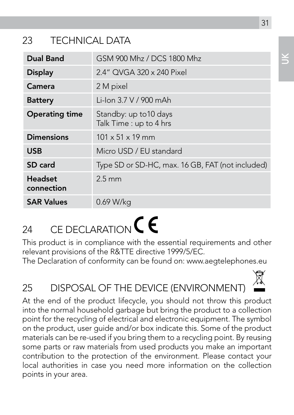 23 technical data, 24 ce declaration, 25 disposal of the device (environment) | AEG Voxtel M410 User Manual | Page 31 / 32