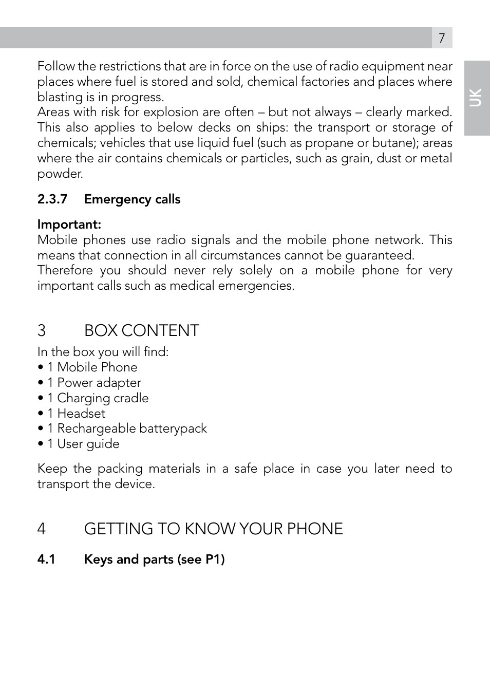 3box content, 4getting to know your phone | AEG Voxtel M410 User Manual | Page 7 / 32
