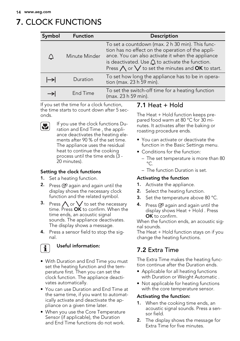 Clock functions, 1 heat + hold, 2 extra time | AEG KS8100001M User Manual | Page 14 / 52