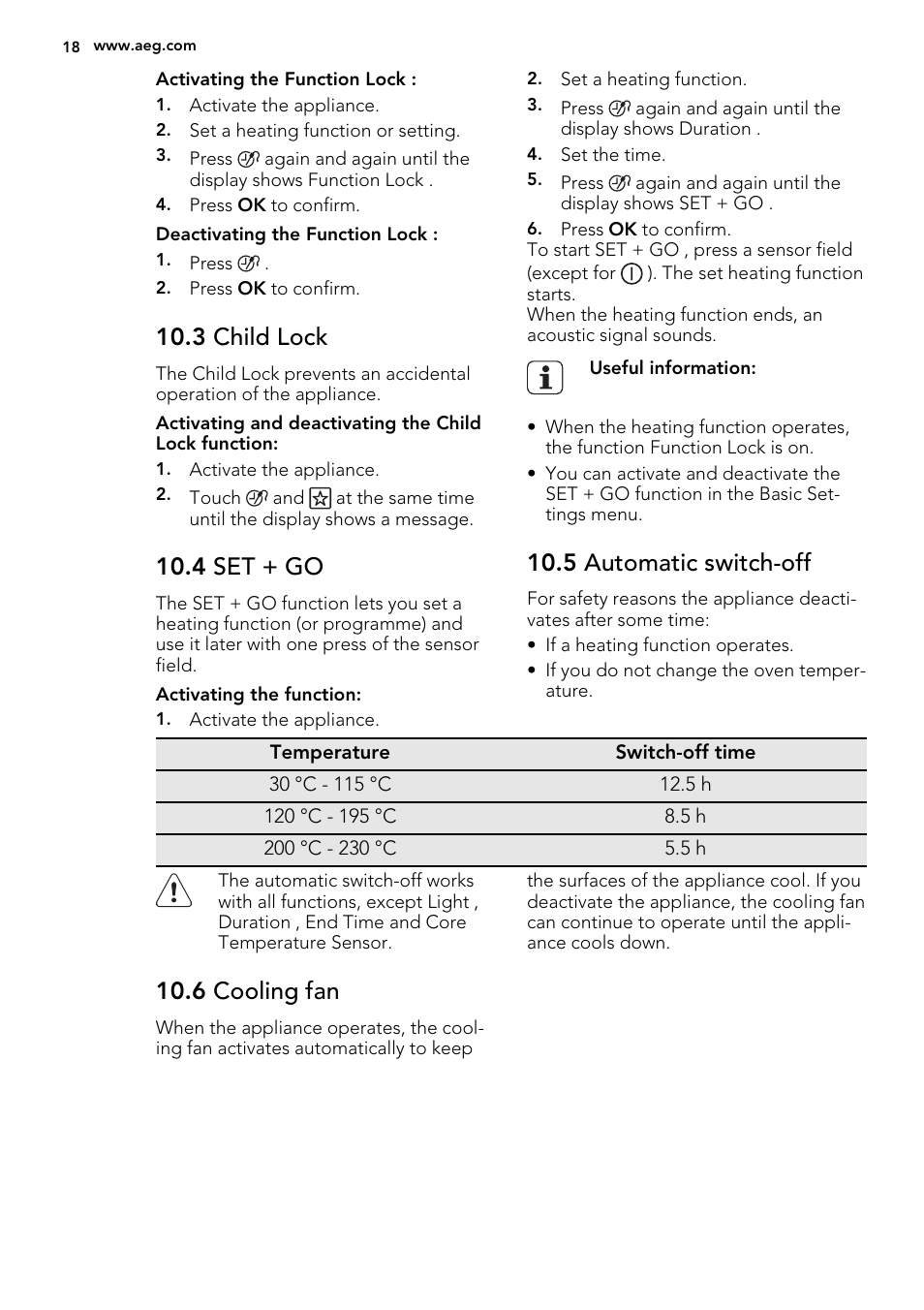 3 child lock, 4 set + go, 5 automatic switch-off | 6 cooling fan | AEG KS8100001M User Manual | Page 18 / 52