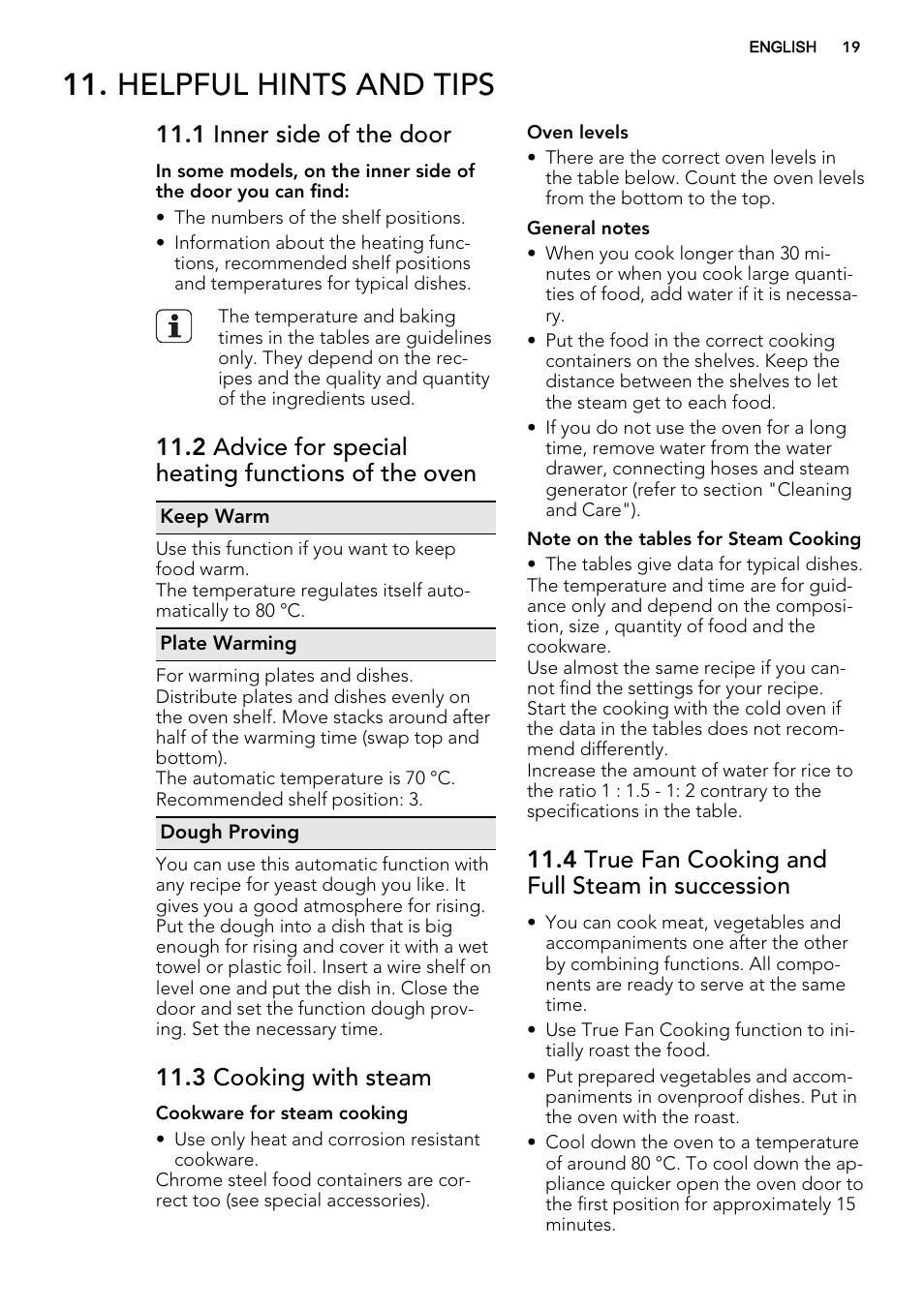 Helpful hints and tips, 1 inner side of the door, 2 advice for special heating functions of the oven | 3 cooking with steam, 4 true fan cooking and full steam in succession | AEG KS8100001M User Manual | Page 19 / 52