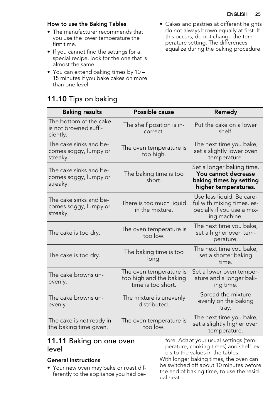 10 tips on baking, 11 baking on one oven level | AEG KS8100001M User Manual | Page 25 / 52