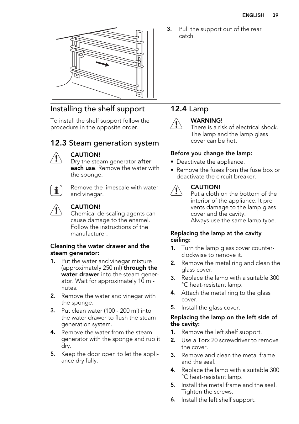 Installing the shelf support, 3 steam generation system, 4 lamp | AEG KS8100001M User Manual | Page 39 / 52