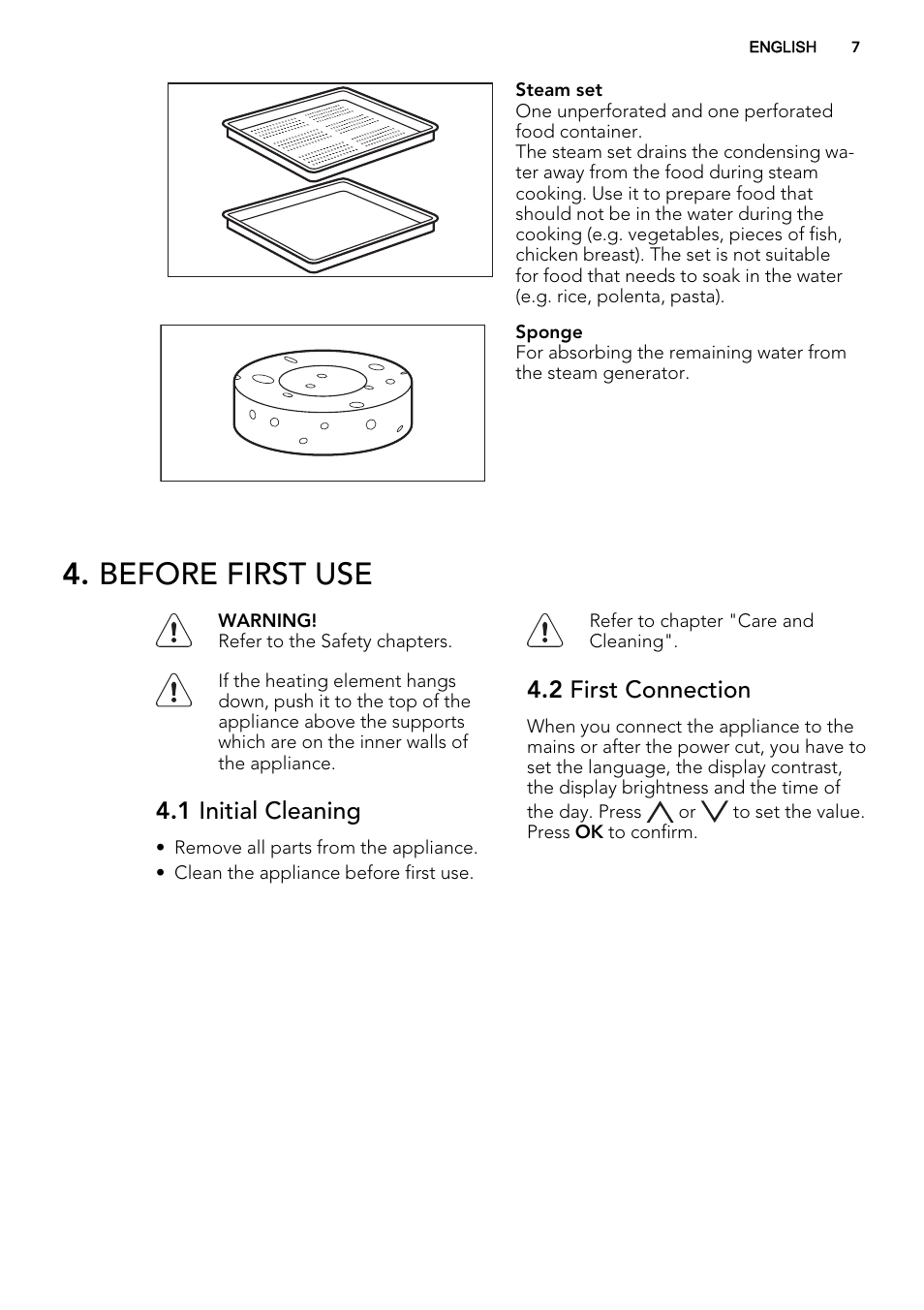 Before first use, 1 initial cleaning, 2 first connection | AEG KS8100001M User Manual | Page 7 / 52