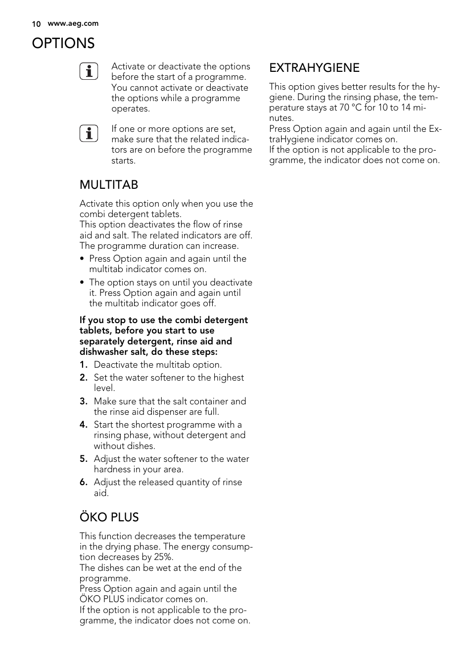 Options, Multitab, Öko plus | Extrahygiene | AEG F88419W0P User Manual | Page 10 / 24