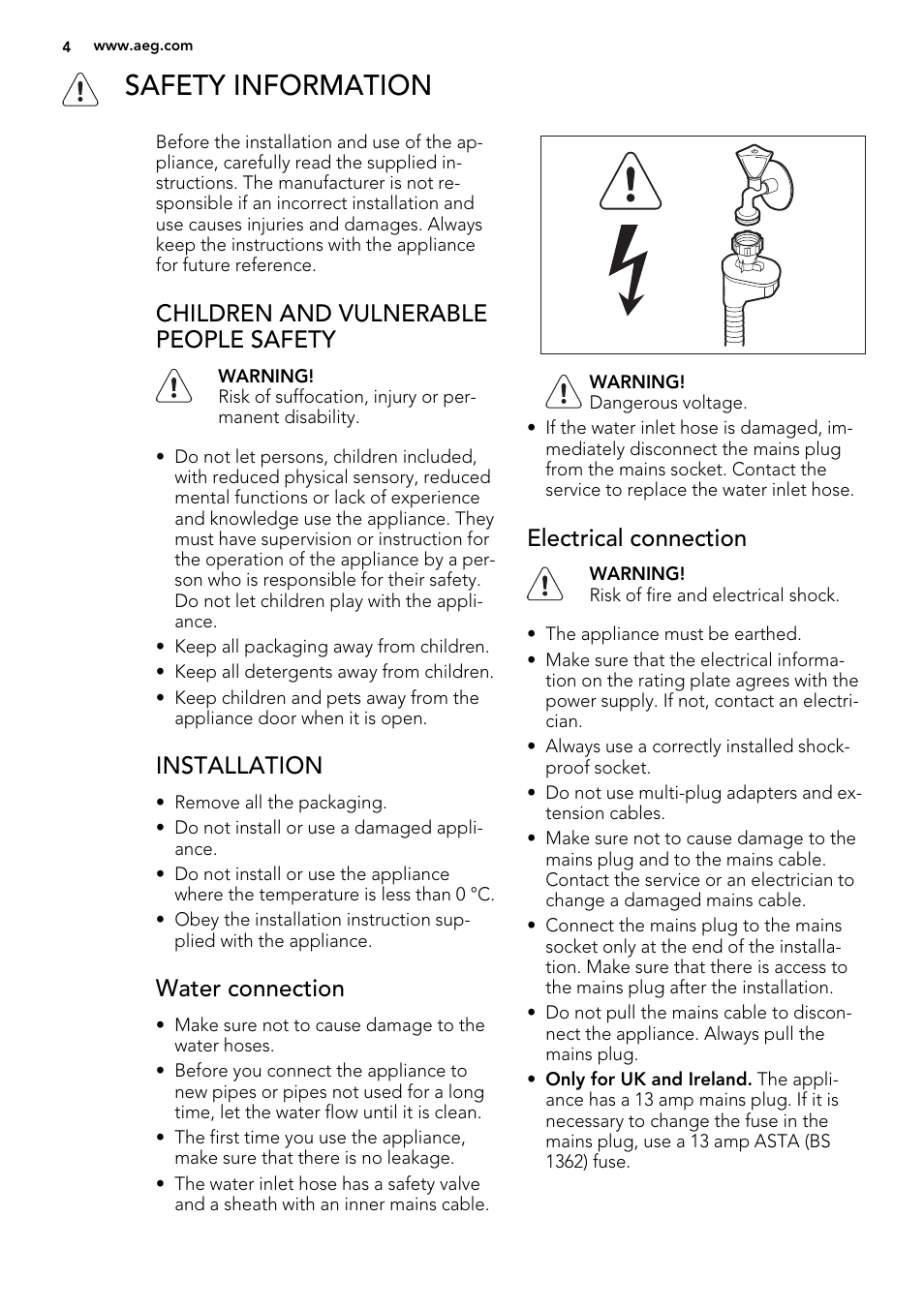 Safety information, Children and vulnerable people safety, Installation | Water connection, Electrical connection | AEG F88419W0P User Manual | Page 4 / 24