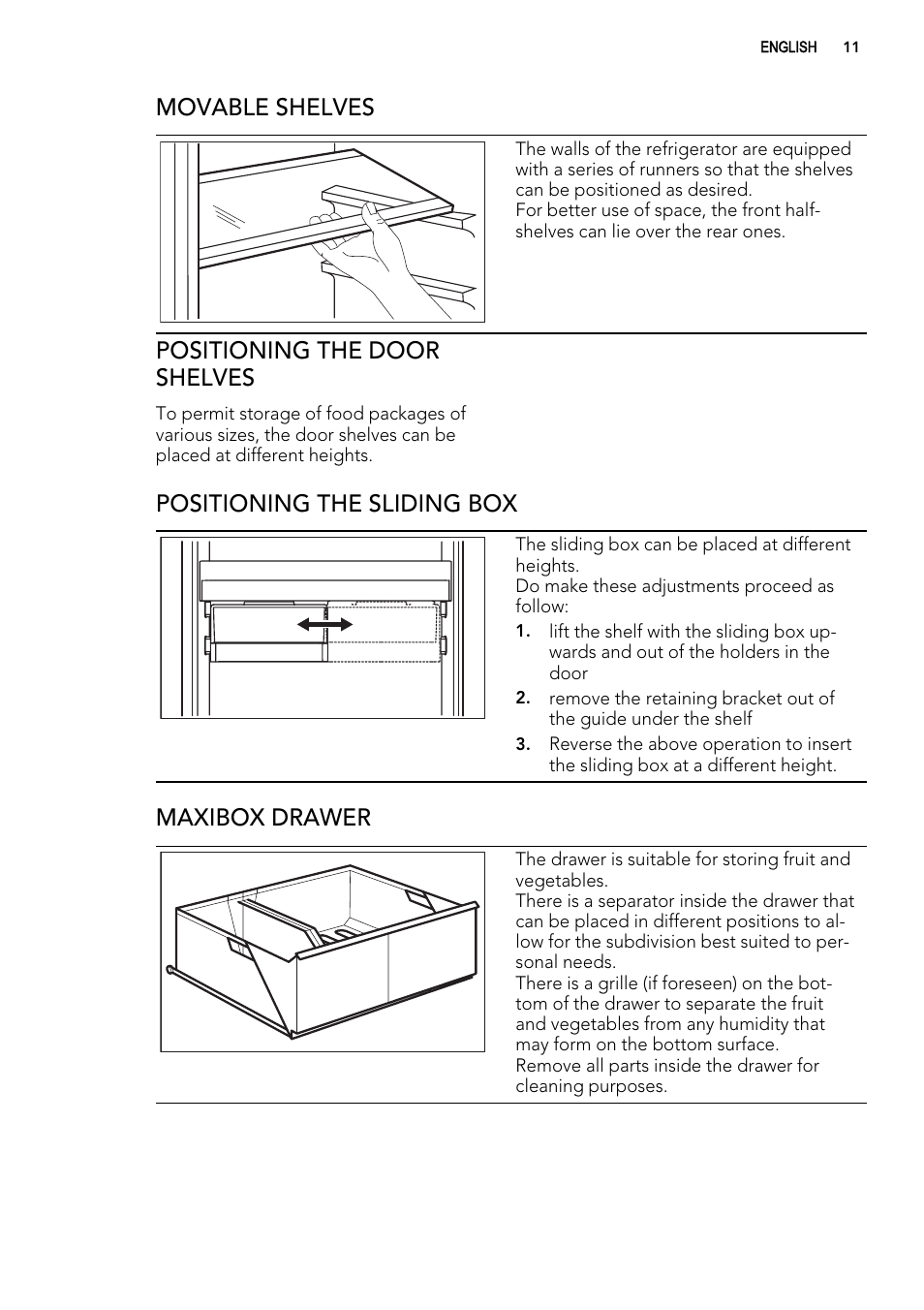 Movable shelves, Positioning the door shelves, Positioning the sliding box | Maxibox drawer | AEG SCN71800S0 User Manual | Page 11 / 28