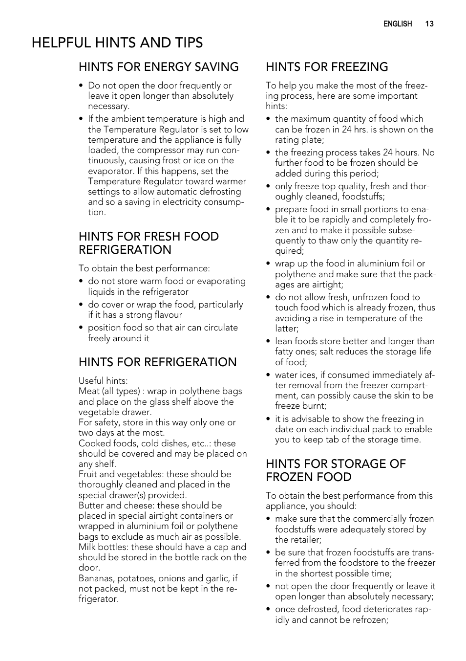 Helpful hints and tips, Hints for energy saving, Hints for fresh food refrigeration | Hints for refrigeration, Hints for freezing, Hints for storage of frozen food | AEG SCN71800S0 User Manual | Page 13 / 28