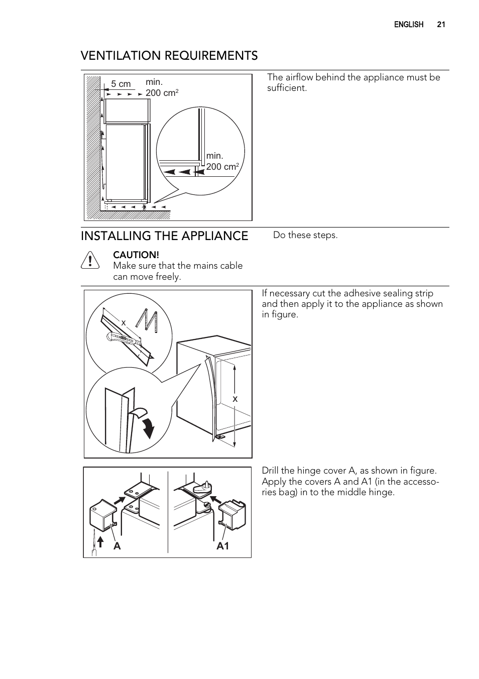 Ventilation requirements, Installing the appliance | AEG SCN71800S0 User Manual | Page 21 / 28