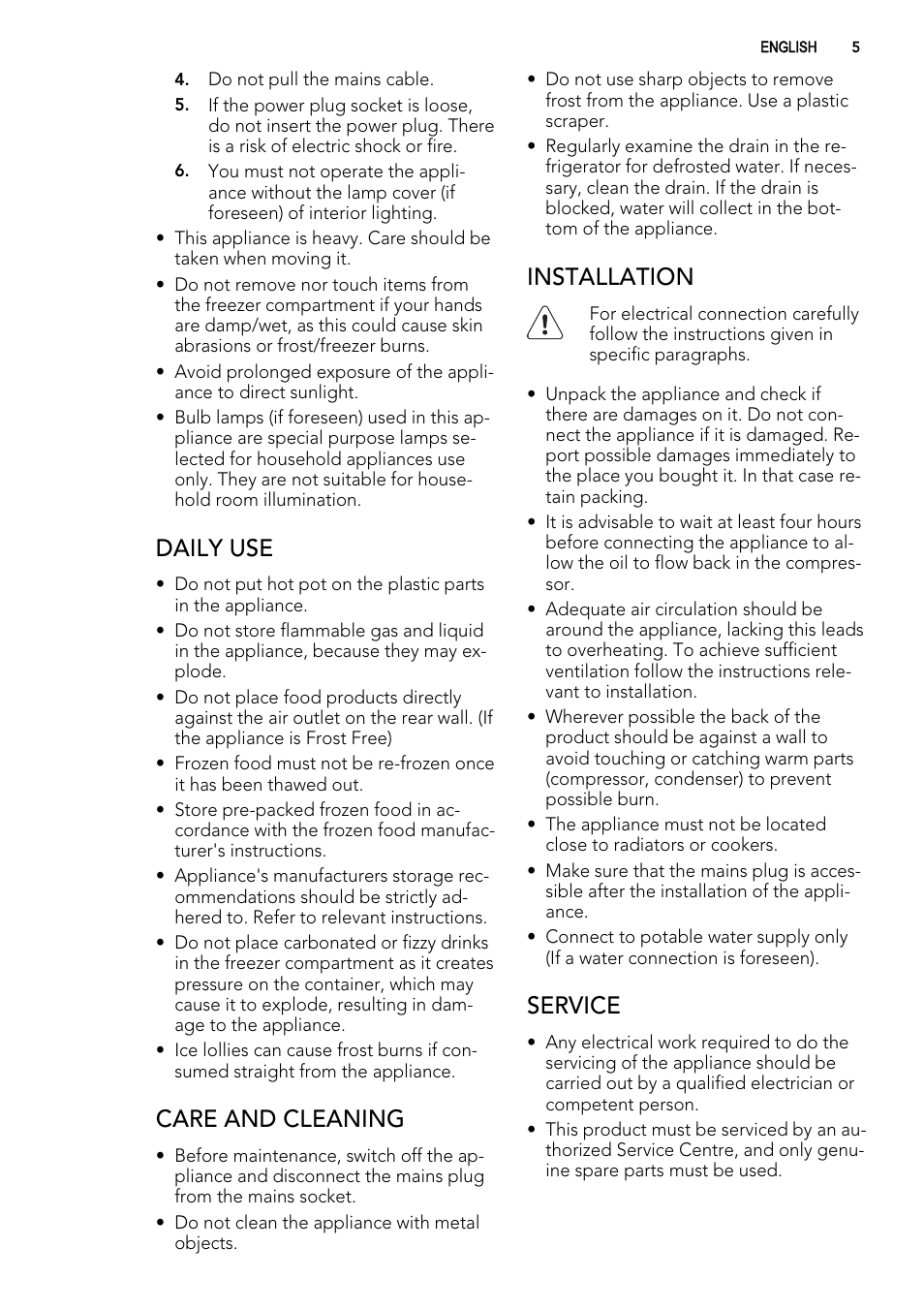 Daily use, Care and cleaning, Installation | Service | AEG SCN71800S0 User Manual | Page 5 / 28