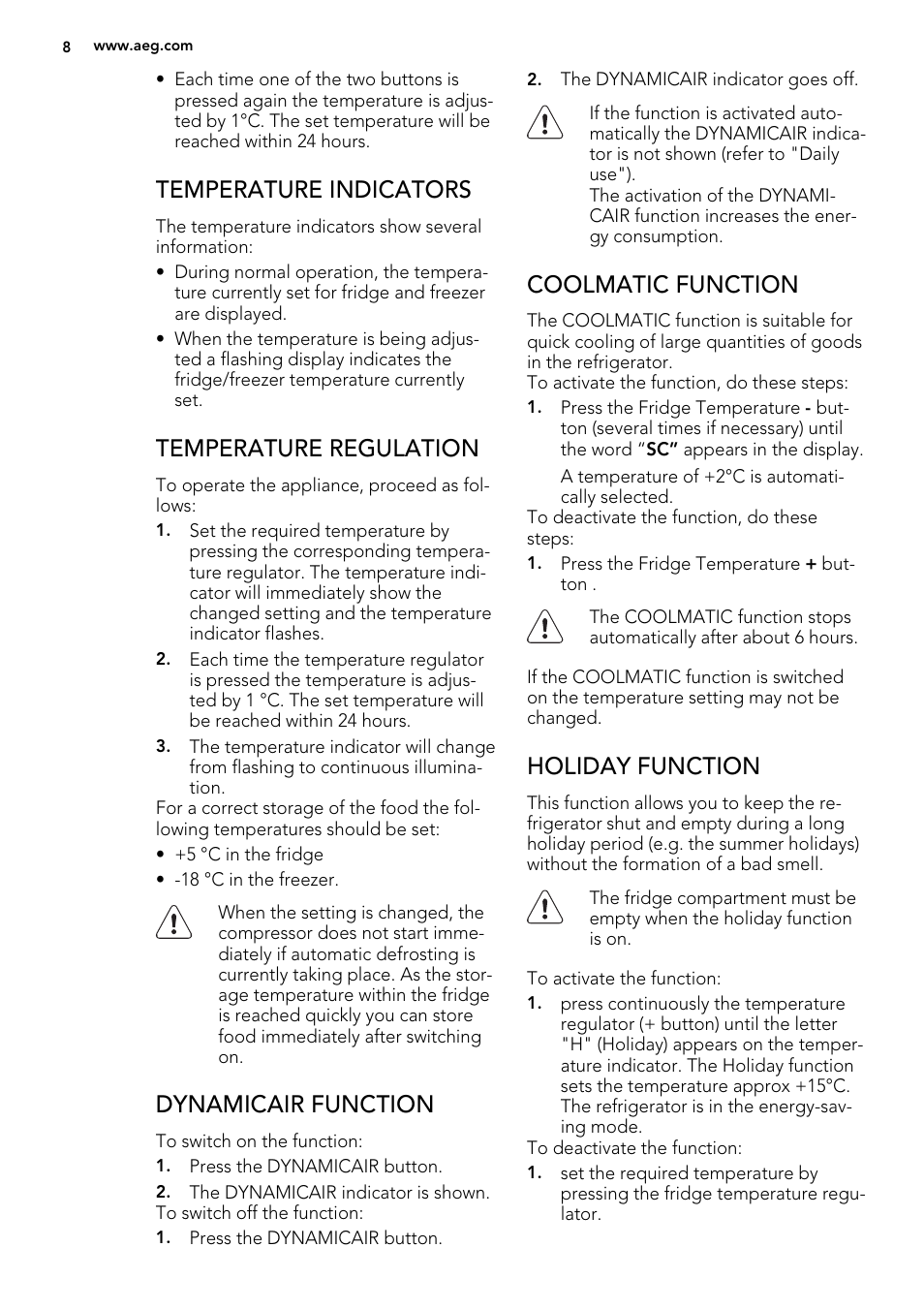 Temperature indicators, Temperature regulation, Dynamicair function | Coolmatic function, Holiday function | AEG SCN71800S0 User Manual | Page 8 / 28