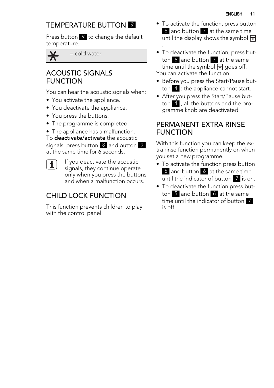 Temperature button, Acoustic signals function, Child lock function | Permanent extra rinse function | AEG L60460FL User Manual | Page 11 / 40