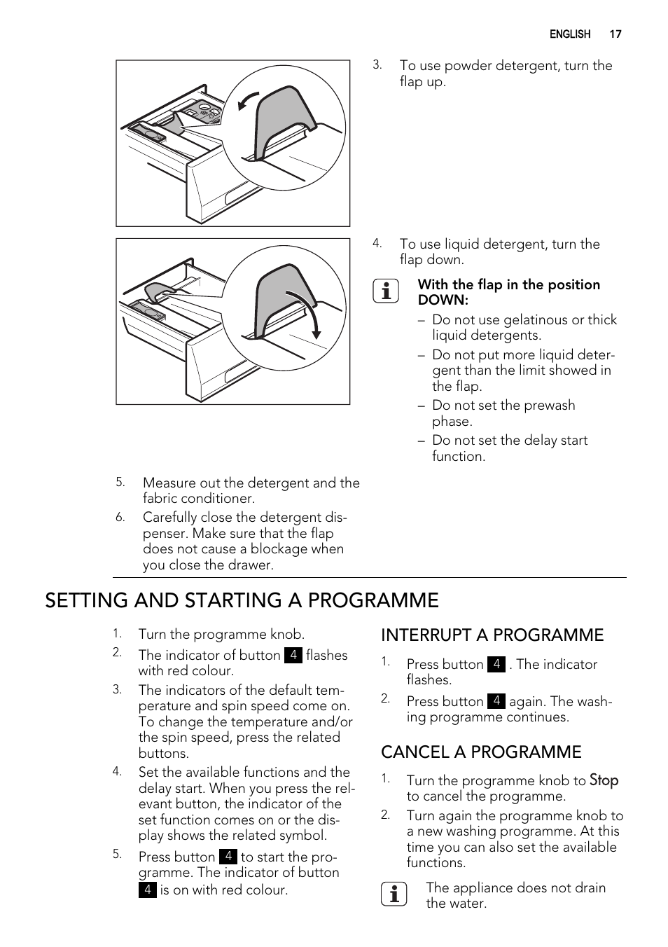 Setting and starting a programme, Interrupt a programme, Cancel a programme | AEG L60460FL User Manual | Page 17 / 40