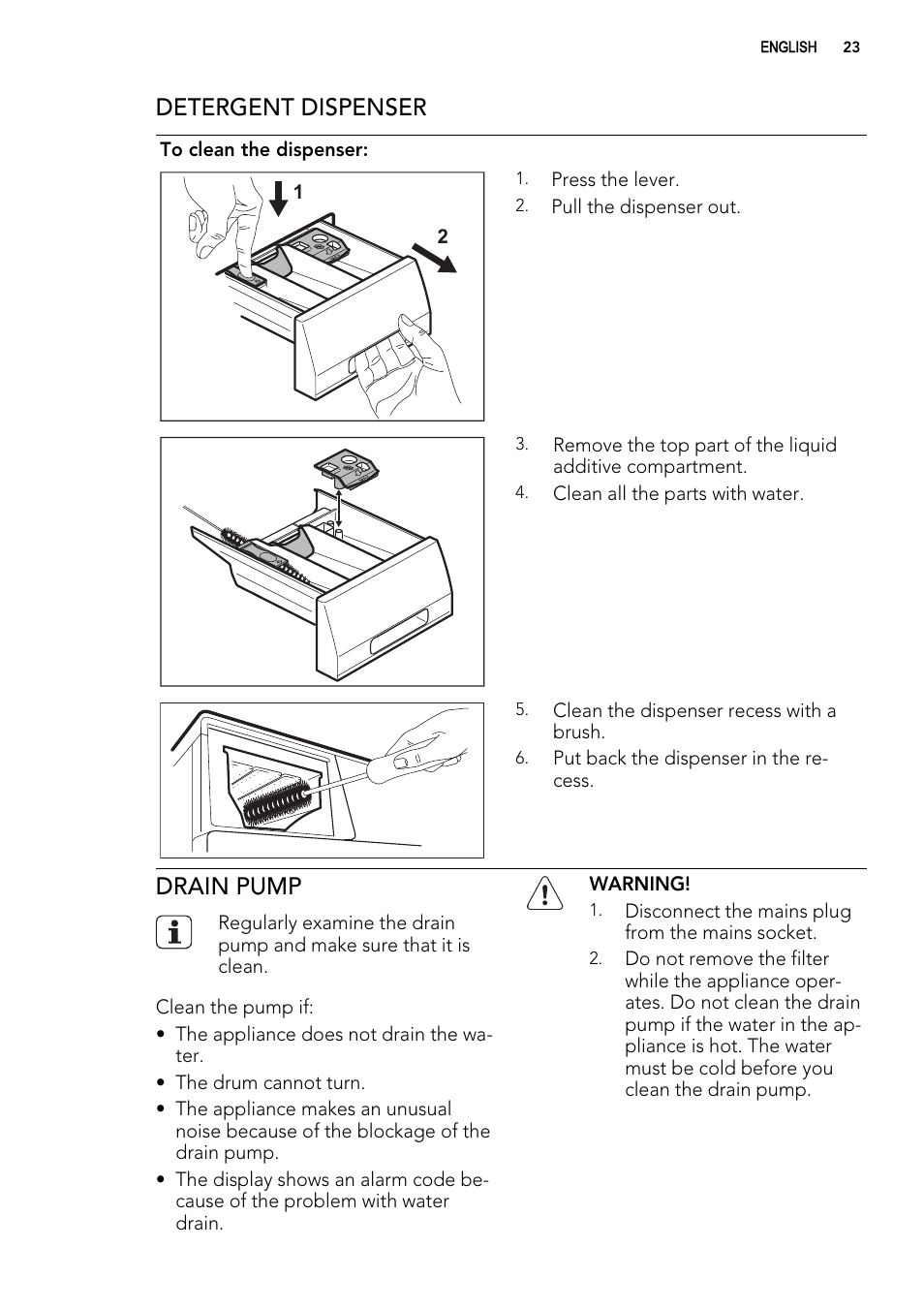 Detergent dispenser, Drain pump | AEG L60460FL User Manual | Page 23 / 40