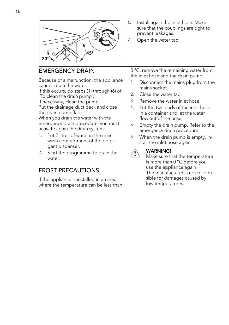 Emergency drain, Frost precautions | AEG L60460FL User Manual | Page 26 / 40