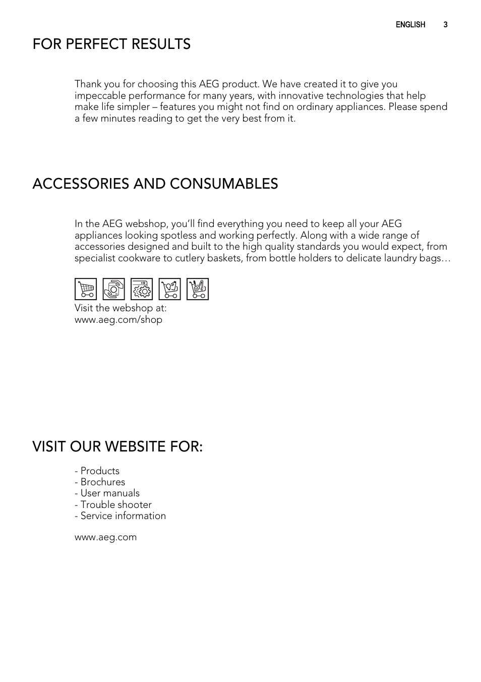 For perfect results, Accessories and consumables, Visit our website for | AEG L60460FL User Manual | Page 3 / 40