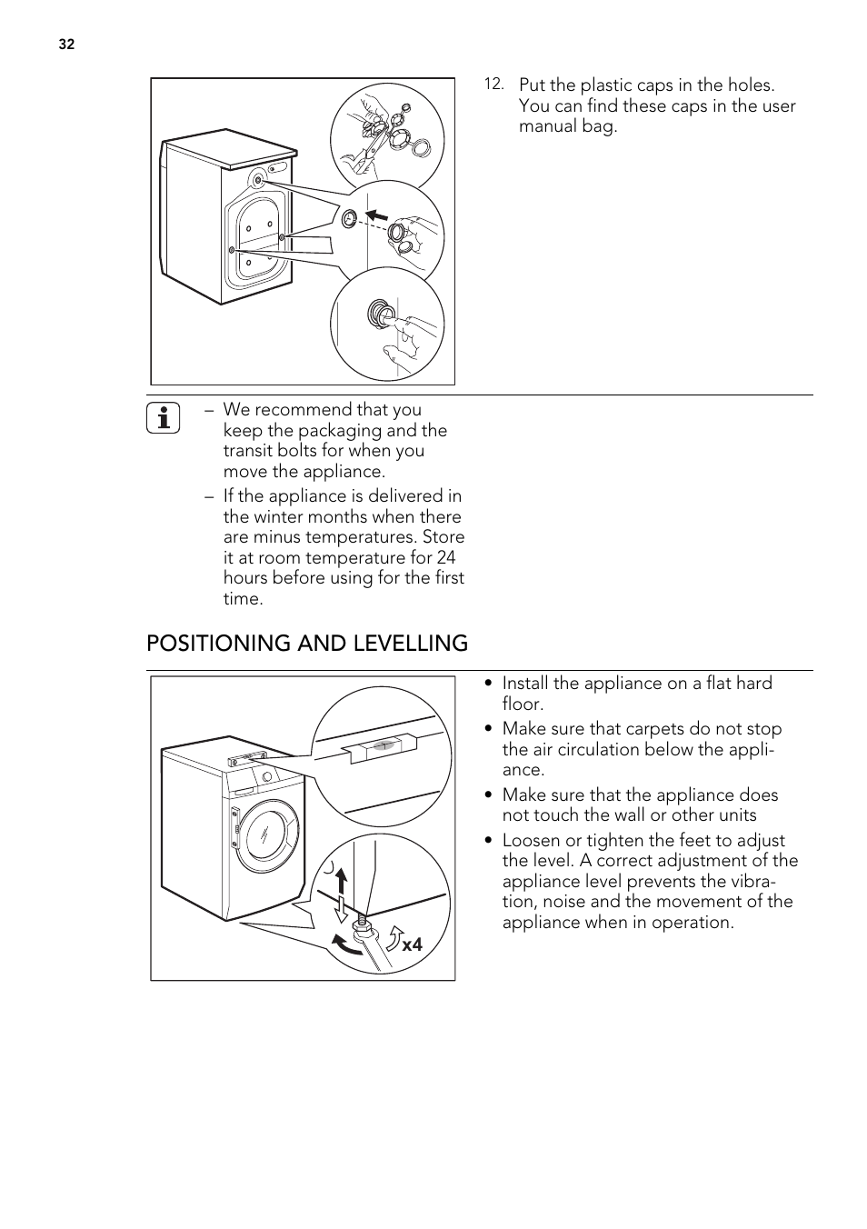 Positioning and levelling | AEG L60460FL User Manual | Page 32 / 40