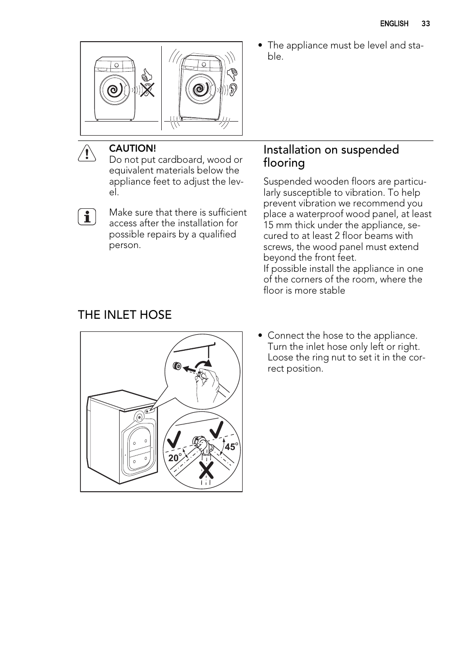 Installation on suspended flooring, The inlet hose | AEG L60460FL User Manual | Page 33 / 40