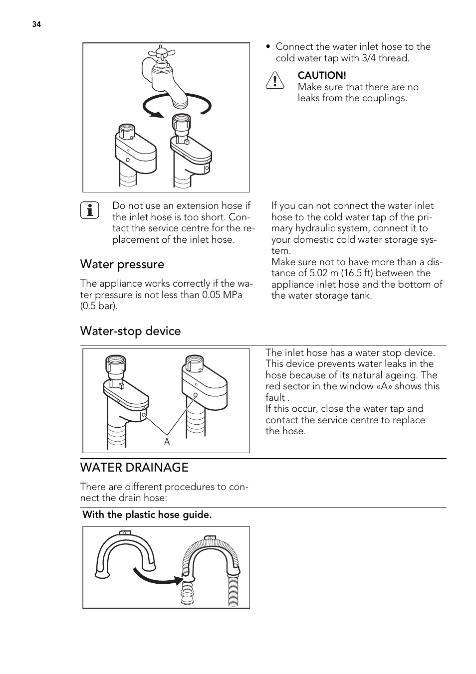 Water pressure, Water-stop device, Water drainage | AEG L60460FL User Manual | Page 34 / 40