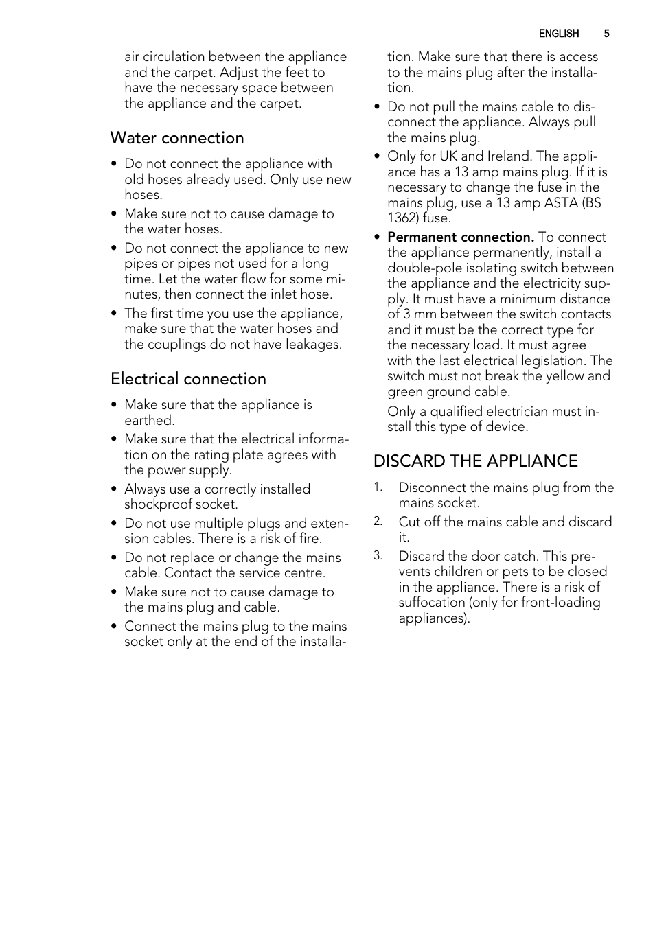 Water connection, Electrical connection, Discard the appliance | AEG L60460FL User Manual | Page 5 / 40