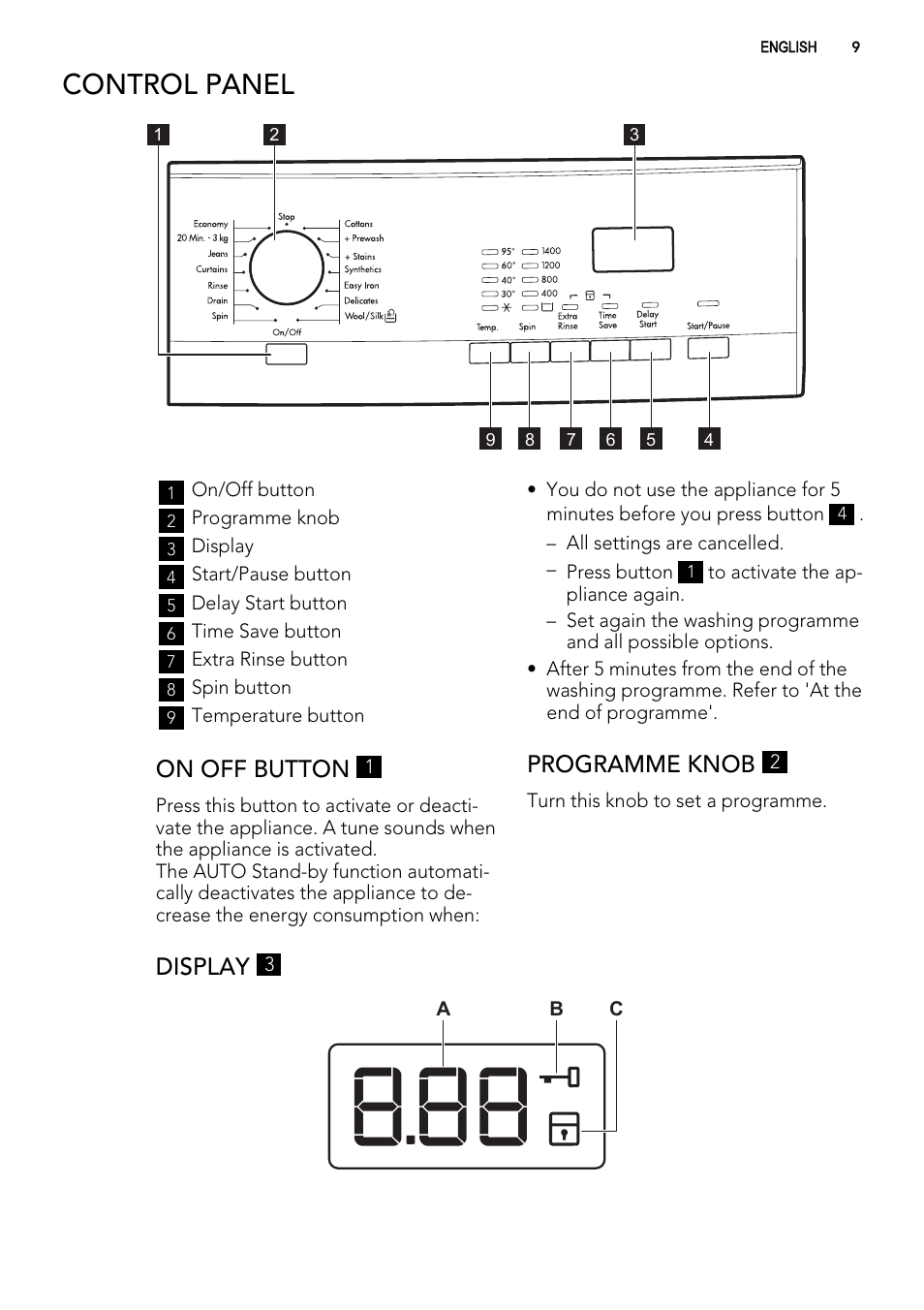 Control panel, On off button, Programme knob | Display | AEG L60460FL User Manual | Page 9 / 40