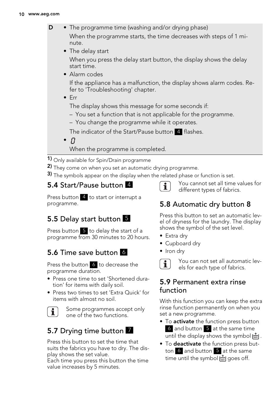 4 start/pause button, 5 delay start button, 6 time save button | 7 drying time button, 8 automatic dry button 8, 9 permanent extra rinse function | AEG L87695WD User Manual | Page 10 / 40