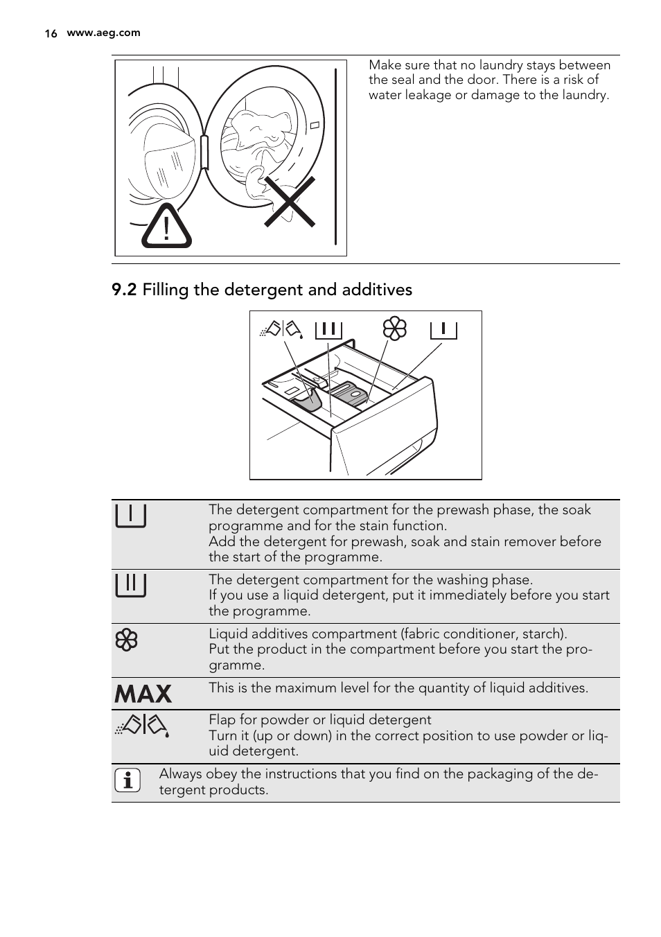 2 filling the detergent and additives | AEG L87695WD User Manual | Page 16 / 40