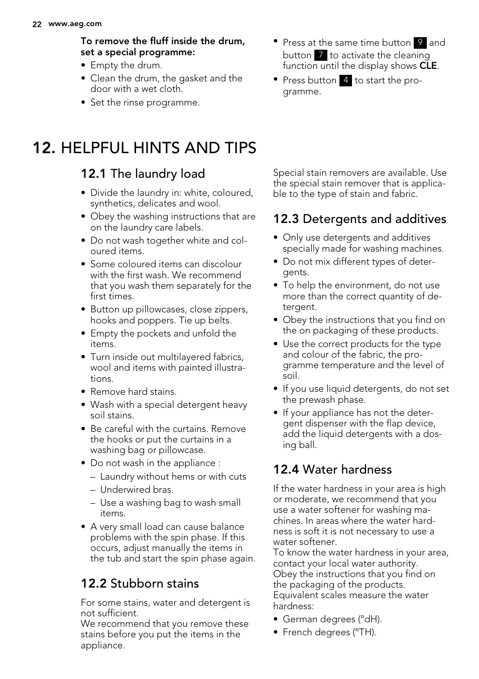 Helpful hints and tips, 1 the laundry load, 2 stubborn stains | 3 detergents and additives, 4 water hardness | AEG L87695WD User Manual | Page 22 / 40