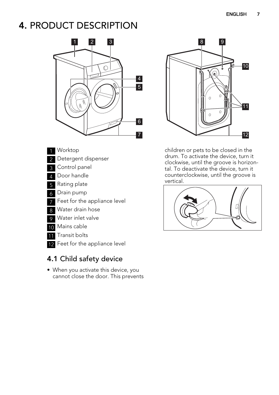 Product description, 1 child safety device | AEG L87695WD User Manual | Page 7 / 40