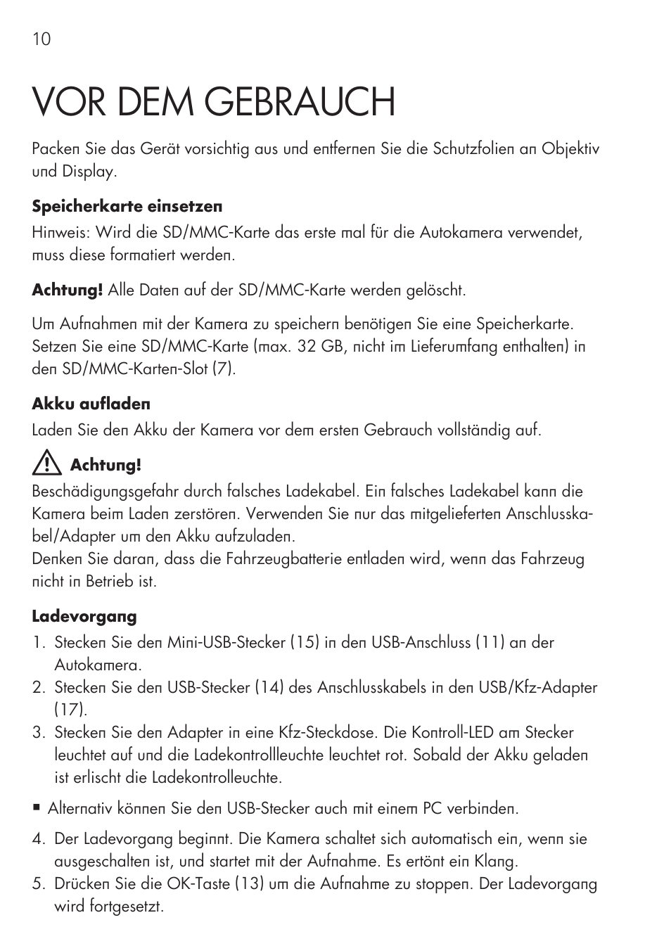 Vor dem gebrauch | AEG GPS Cockpit-Camera GF 30 User Manual | Page 10 / 100