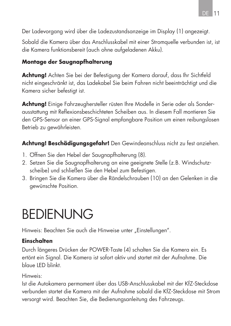 Bedienung | AEG GPS Cockpit-Camera GF 30 User Manual | Page 11 / 100