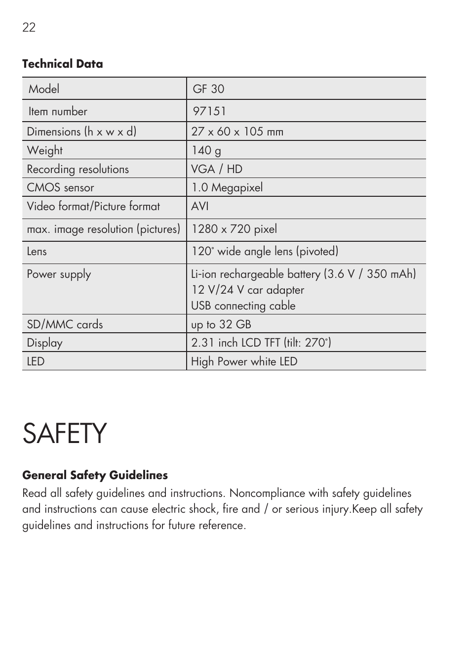 Safety | AEG GPS Cockpit-Camera GF 30 User Manual | Page 22 / 100