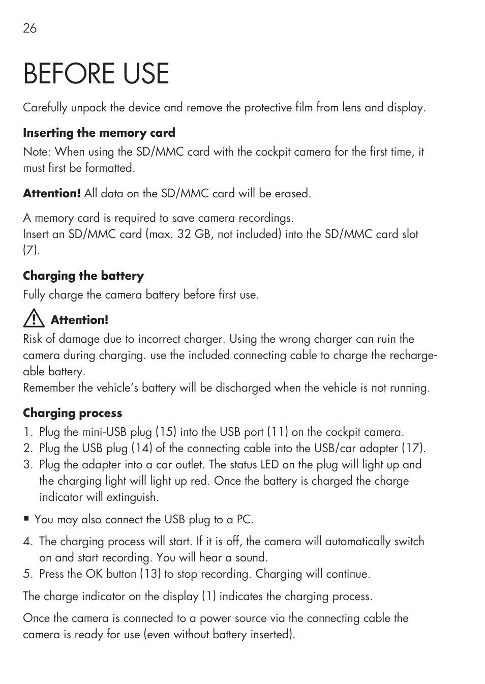 Before use | AEG GPS Cockpit-Camera GF 30 User Manual | Page 26 / 100