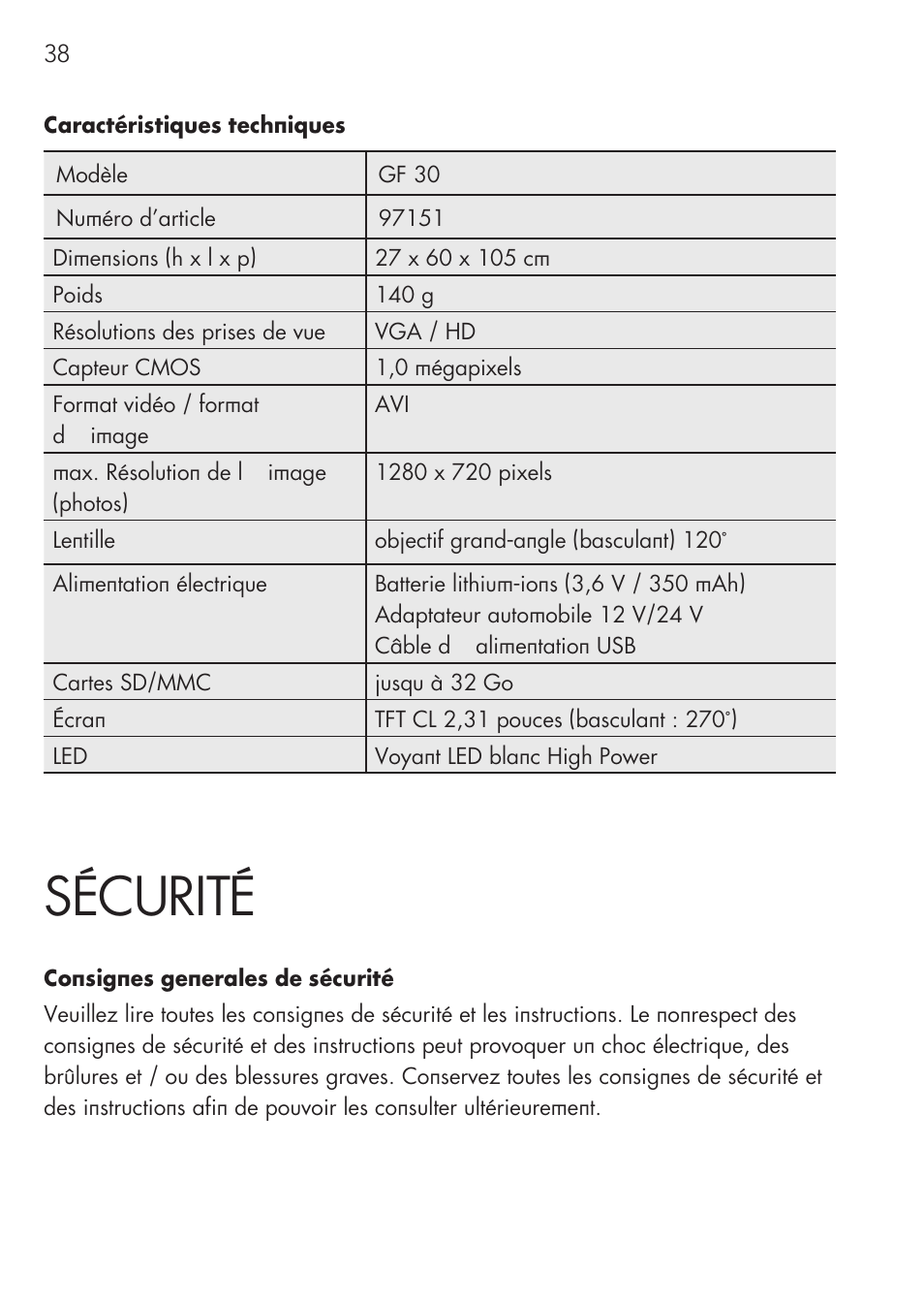 Sécurité | AEG GPS Cockpit-Camera GF 30 User Manual | Page 38 / 100