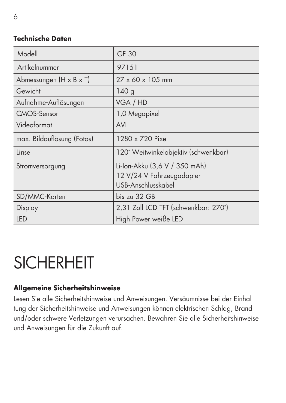 Sicherheit | AEG GPS Cockpit-Camera GF 30 User Manual | Page 6 / 100