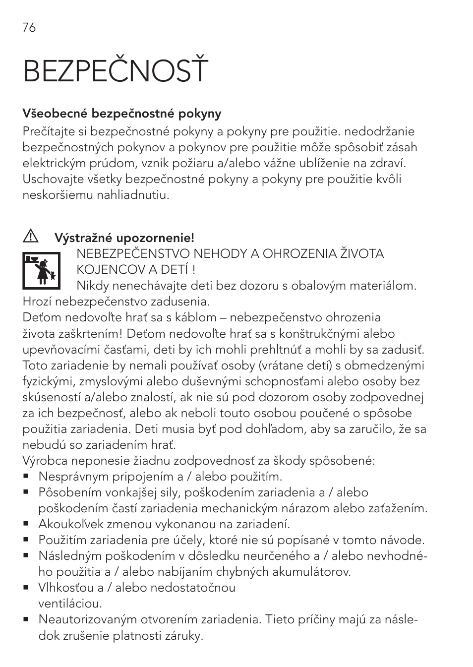 Bezpečnosť | AEG Workshop charger WM 18 User Manual | Page 76 / 86