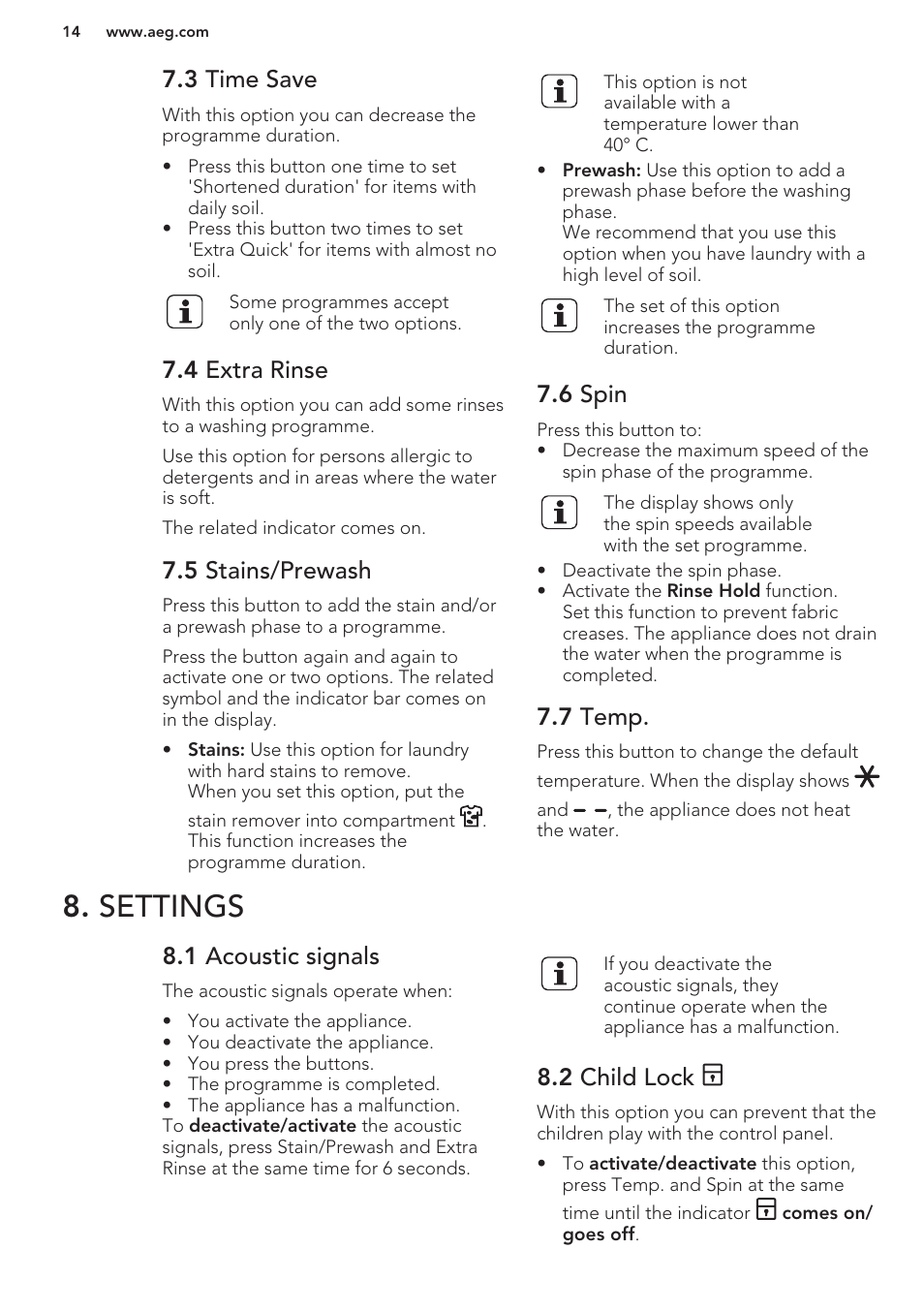 3 time save, 4 extra rinse, 5 stains/prewash | 6 spin, 7 temp, Settings, 1 acoustic signals, 2 child lock | AEG L87680FL User Manual | Page 14 / 28