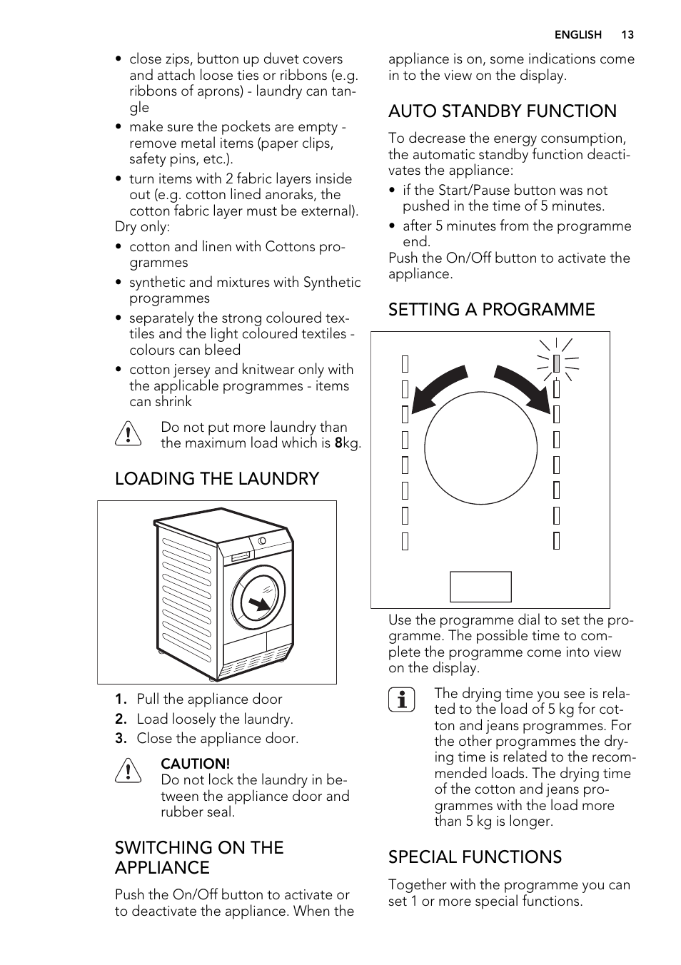 Loading the laundry, Switching on the appliance, Auto standby function | Setting a programme, Special functions | AEG T76485AH User Manual | Page 13 / 28