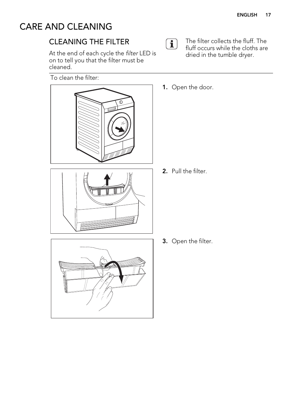 Care and cleaning, Cleaning the filter | AEG T76485AH User Manual | Page 17 / 28