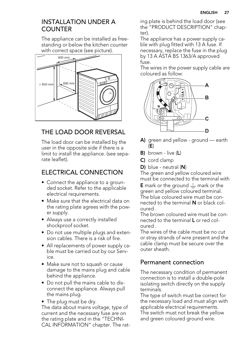 Installation under a counter, The load door reversal, Electrical connection | Permanent connection | AEG T76485AH User Manual | Page 27 / 28
