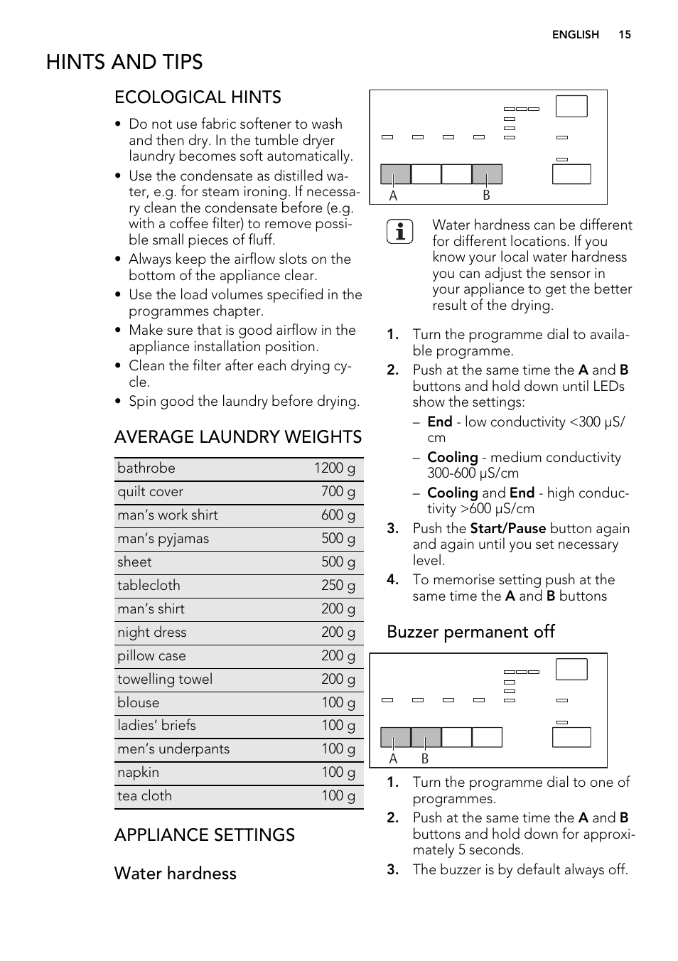 Hints and tips, Ecological hints, Average laundry weights | Appliance settings water hardness, Buzzer permanent off | AEG T65270AC User Manual | Page 15 / 28