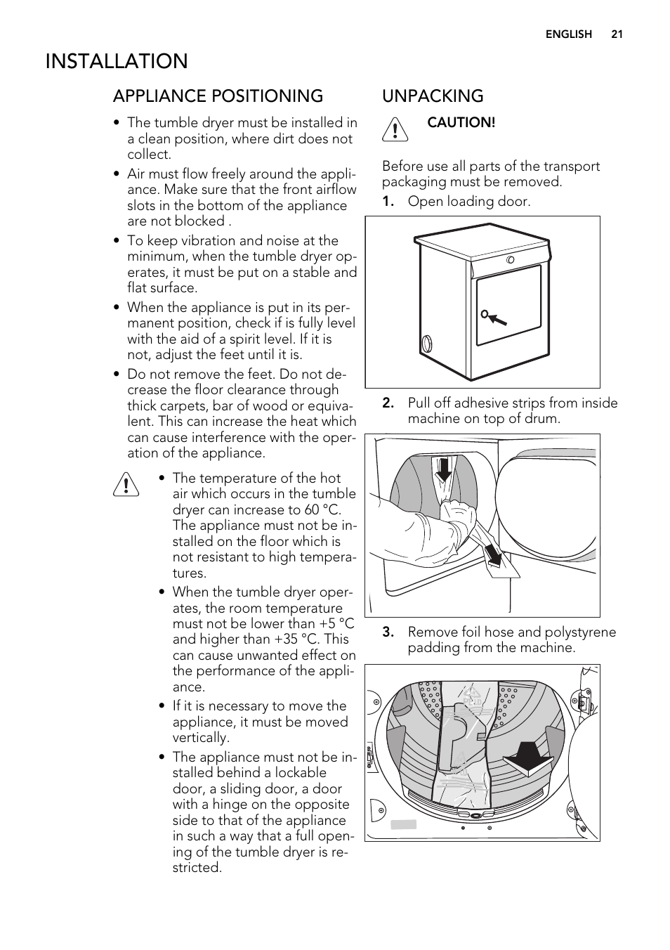 Installation, Appliance positioning, Unpacking | AEG T65270AC User Manual | Page 21 / 28