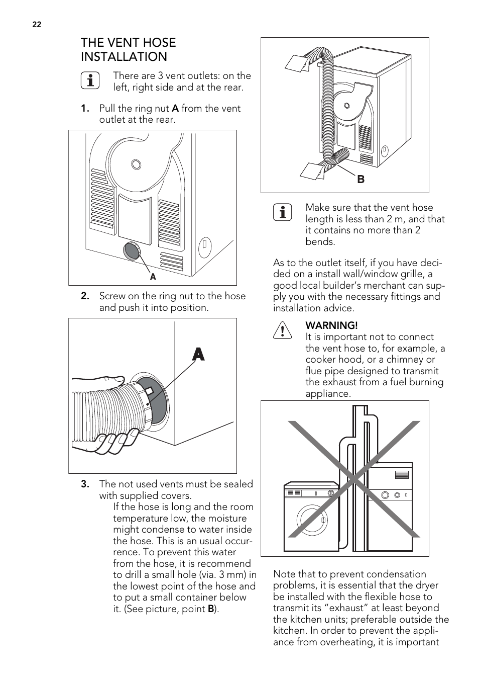 The vent hose installation | AEG T65270AC User Manual | Page 22 / 28