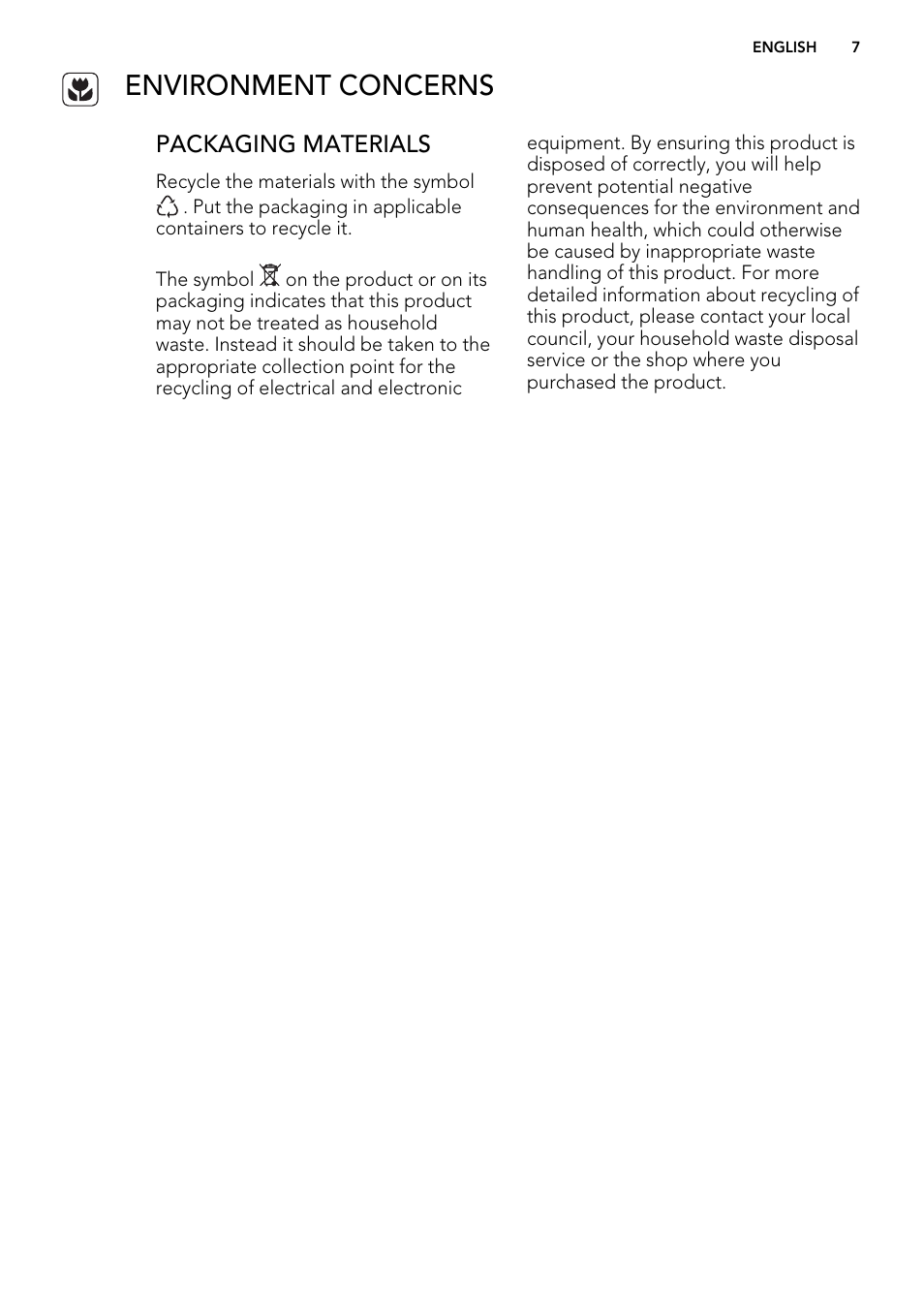 Environment concerns, Packaging materials | AEG T65270AC User Manual | Page 7 / 28