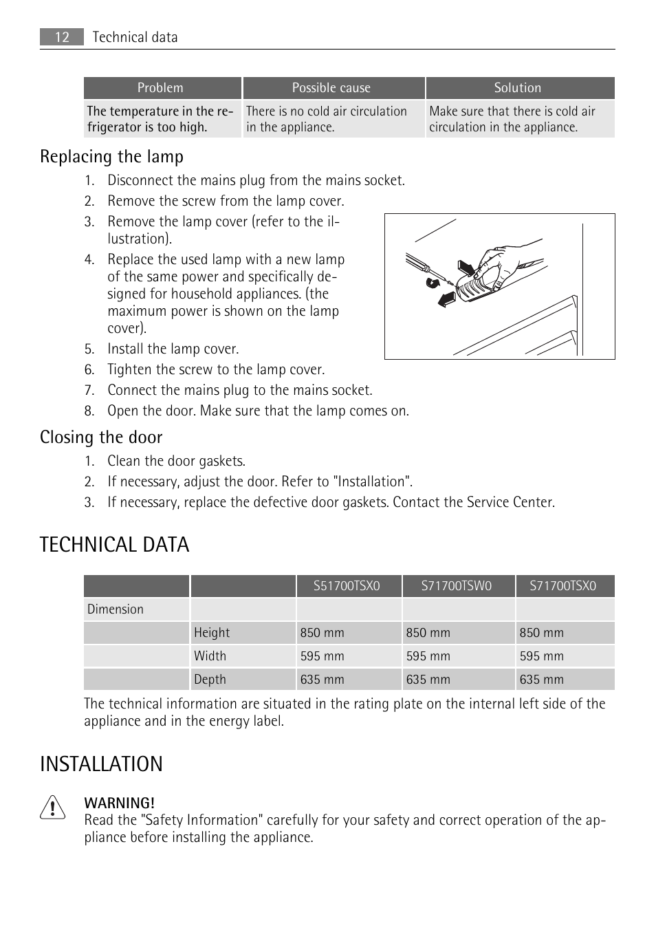 Technical data, Installation, Replacing the lamp | Closing the door | AEG S54000KMW0 User Manual | Page 12 / 20