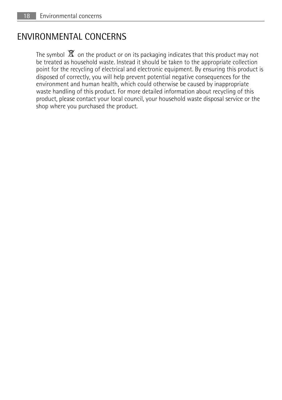 Environmental concerns | AEG S54000KMW0 User Manual | Page 18 / 20