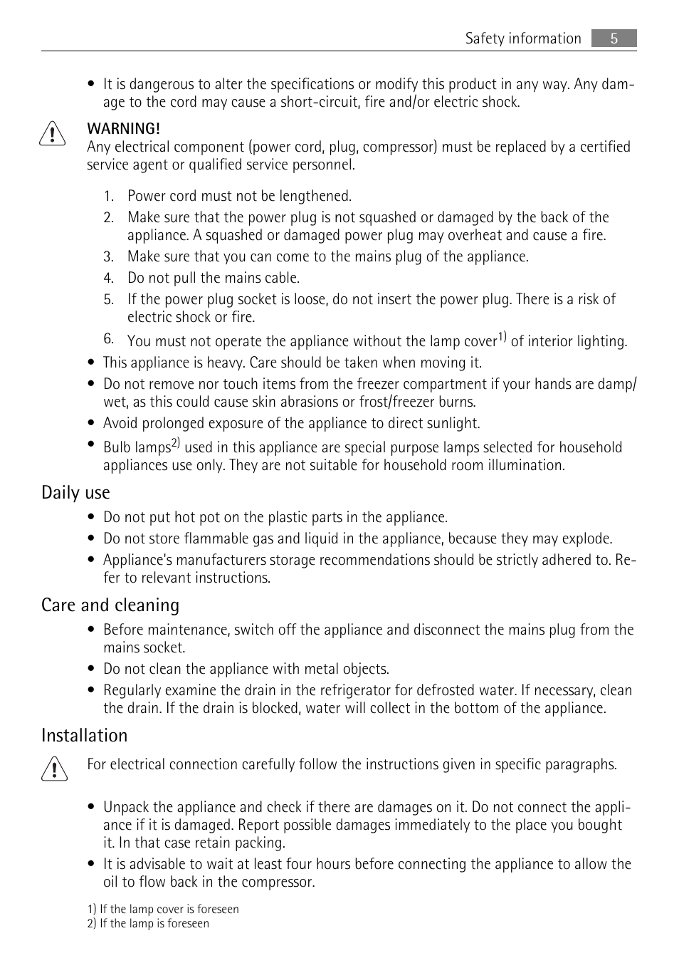 Daily use, Care and cleaning, Installation | AEG S54000KMW0 User Manual | Page 5 / 20