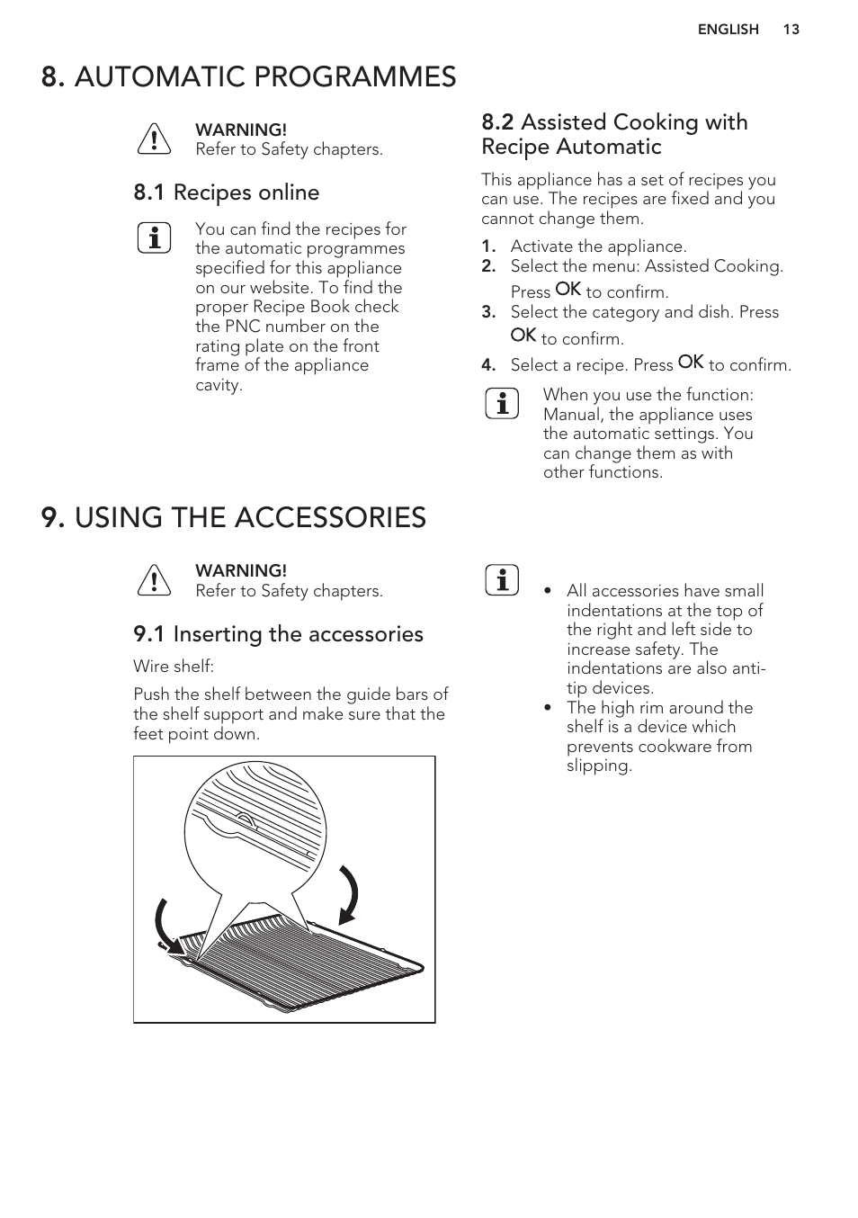 Automatic programmes, 1 recipes online, 2 assisted cooking with recipe automatic | Using the accessories, 1 inserting the accessories, Automatic programmes 9. using the accessories | AEG KE8404001M User Manual | Page 13 / 24