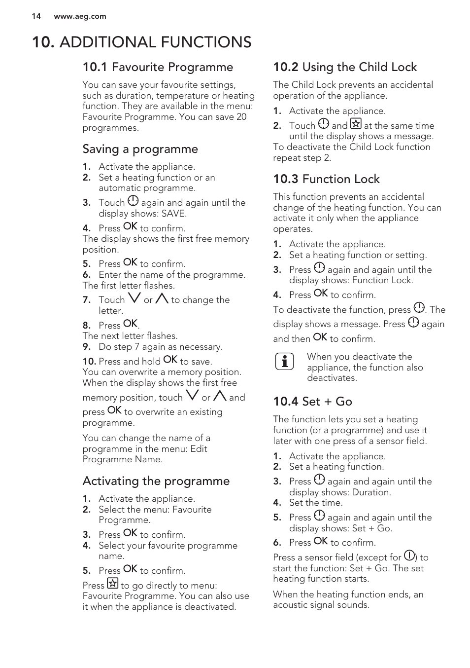 Additional functions, 1 favourite programme, Saving a programme | Activating the programme, 2 using the child lock, 3 function lock, 4 set + go | AEG KE8404001M User Manual | Page 14 / 24