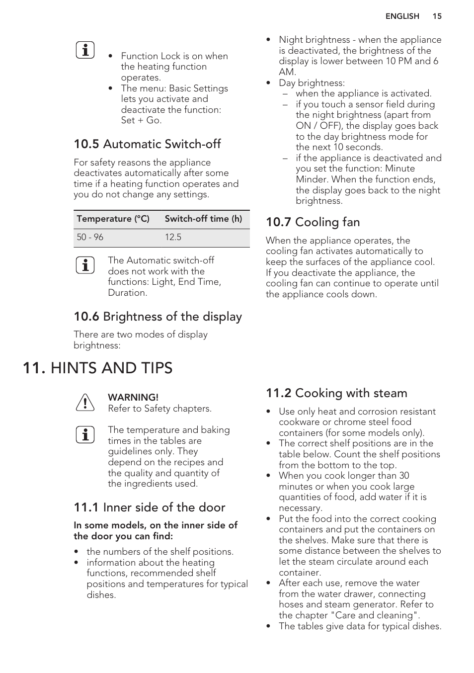 5 automatic switch-off, 6 brightness of the display, 7 cooling fan | Hints and tips, 1 inner side of the door, 2 cooking with steam | AEG KE8404001M User Manual | Page 15 / 24